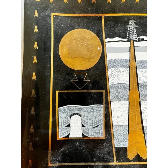Vintage 1950s MCM Oil Drill Rig souvenir black gold glass tray South Bend In